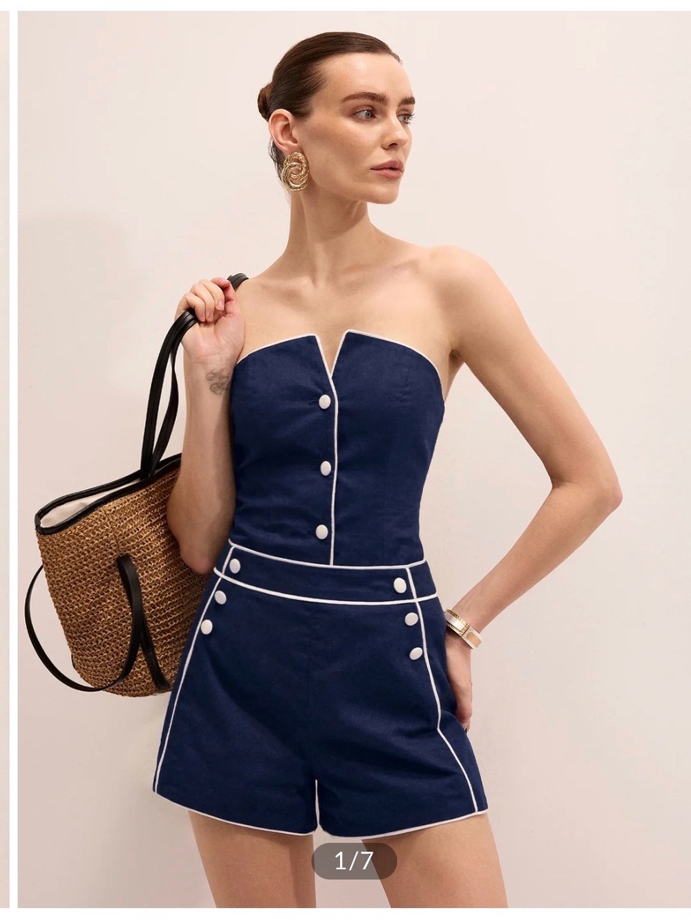 Commense Strapless Linen Navy Blue Women’s Matching Shoets Set with White Piping